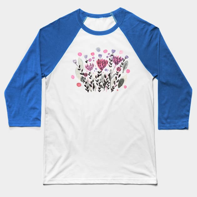 Watercolor whimsical flowers - pink and sage Baseball T-Shirt by wackapacka